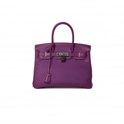 HERMÈS BIRKIN 30 LACE SERIES ANEMONE PURPLE SILVER BUCKLE 488484 (30*22*15cm)